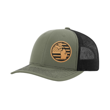Olive green trucker hat with circular Michigan patch and black mesh back panel