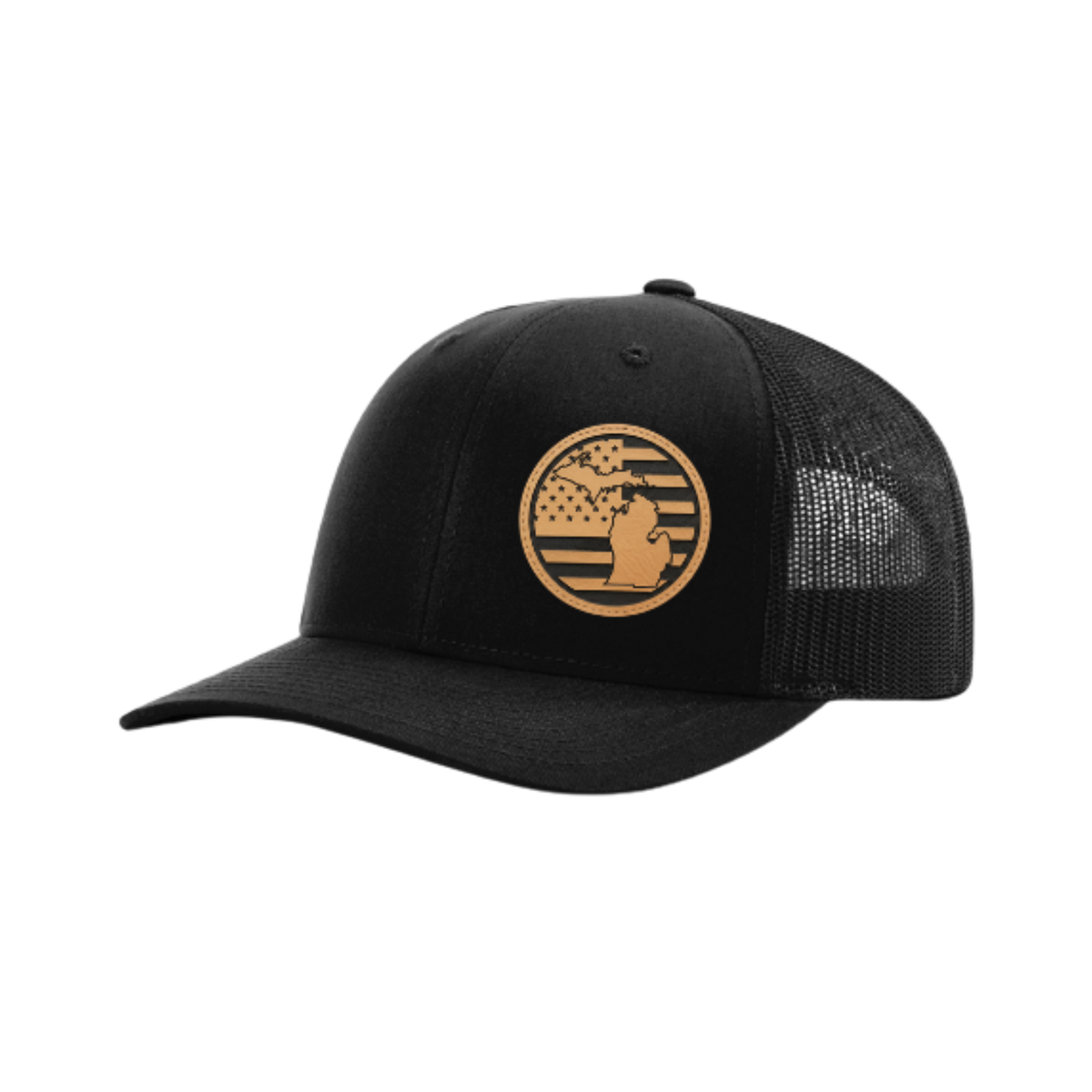 Trucker hat with round Michigan patch, black front and black mesh back.