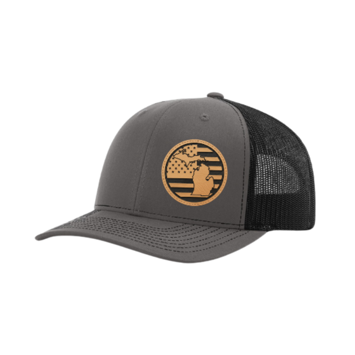 Dark gray trucker hat with circular Michigan patch and black mesh back panel