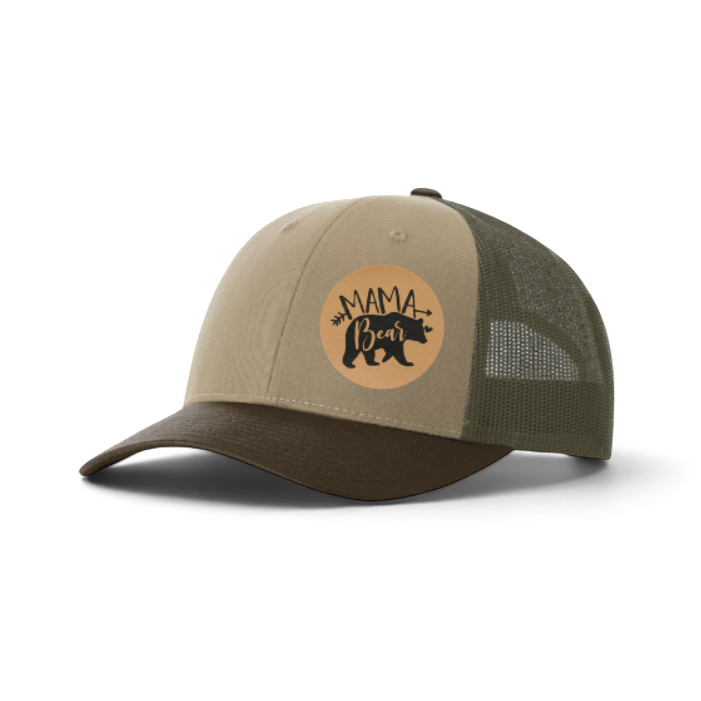 Tan and dark green trucker hat with round tan Mama Bear patch and mesh back.