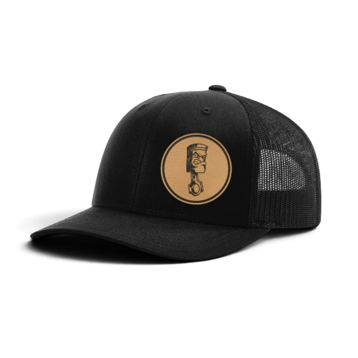 Trucker hat with angry piston patch, black front and black mesh back panels.