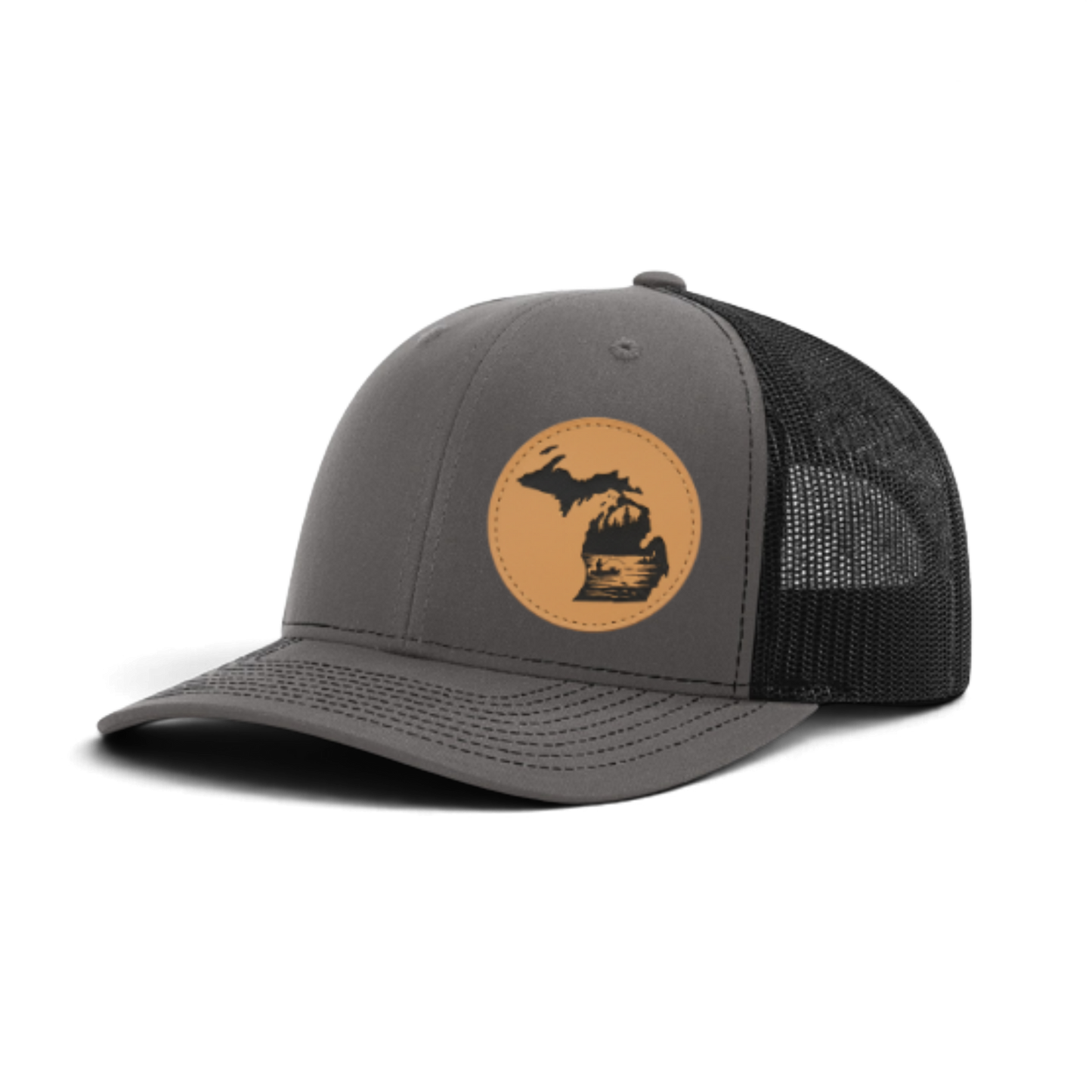 Dark gray trucker cap with black mesh and tan fishing patch