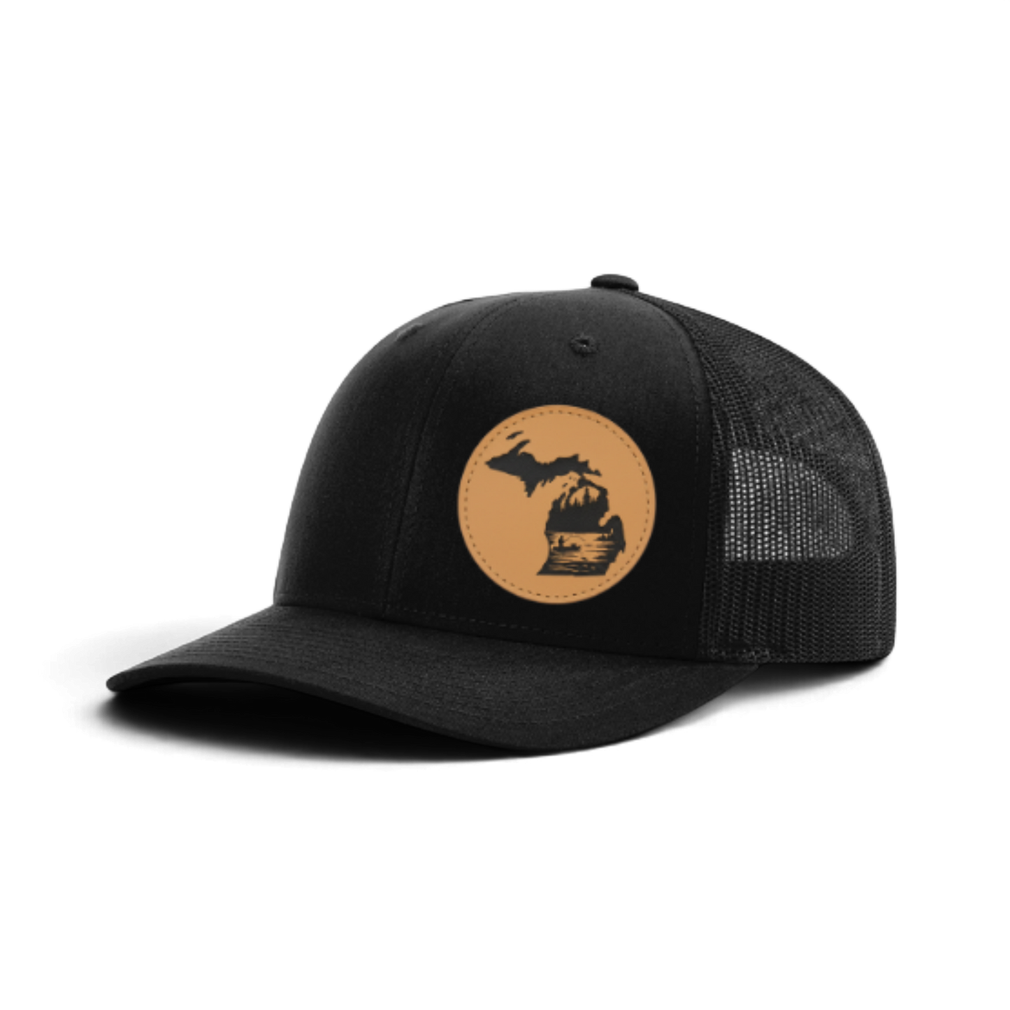 Black trucker cap with black mesh and tan fishing patch