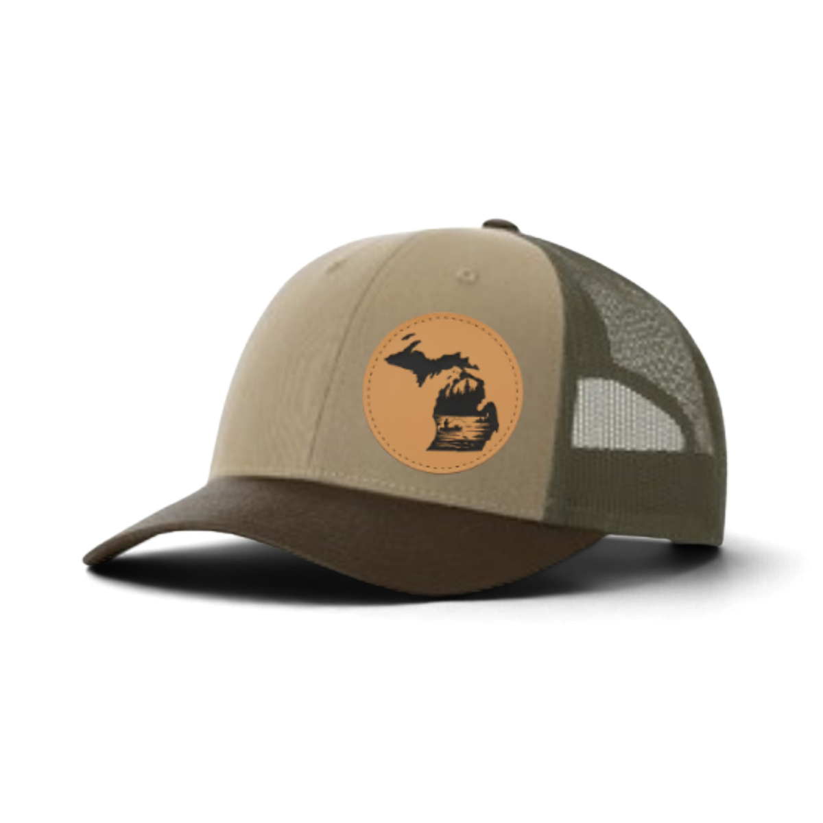 Tan trucker cap with dark green mesh and tan fishing patch