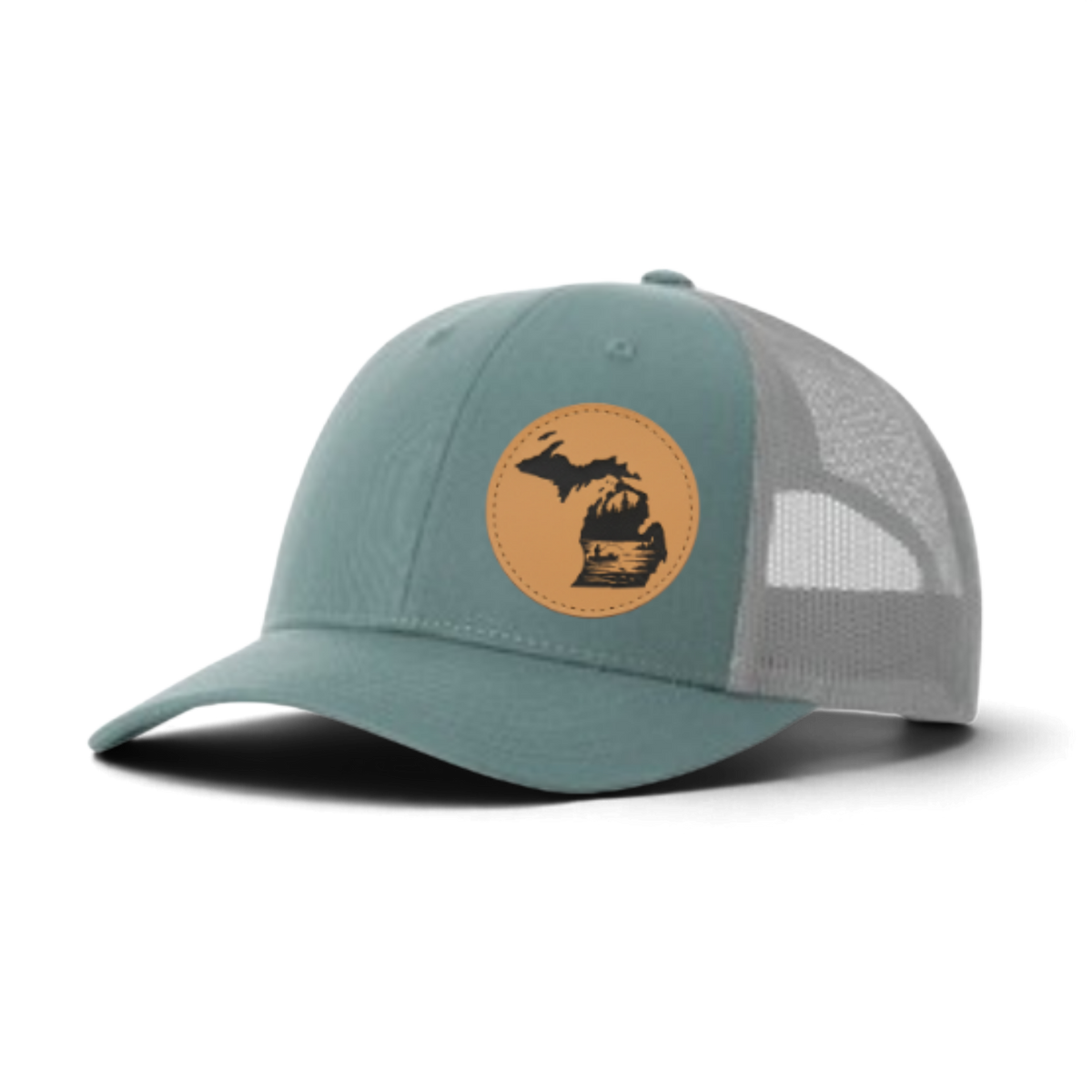 Teal trucker cap with gray mesh and tan fishing patch