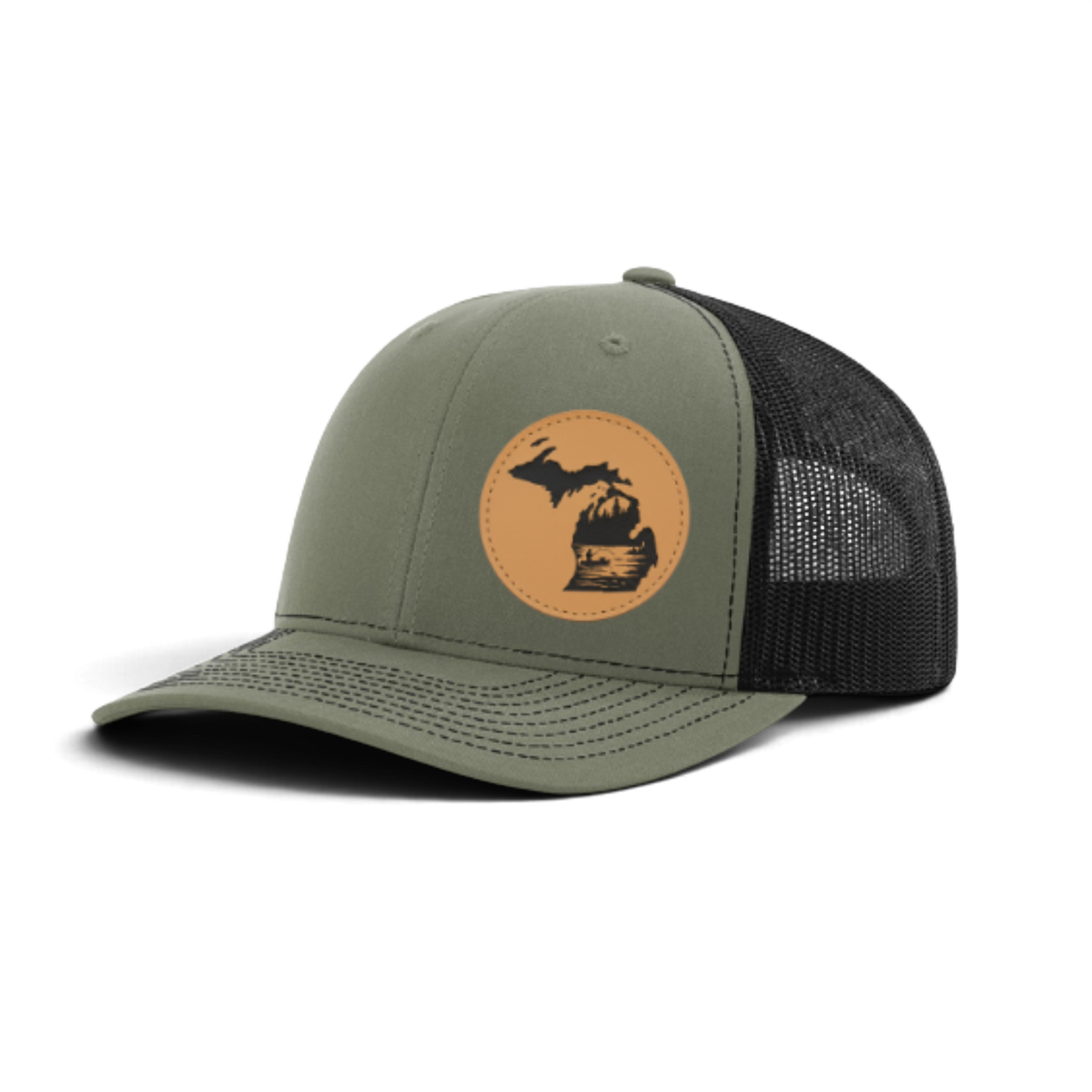Olive trucker cap with black mesh and tan fishing patch