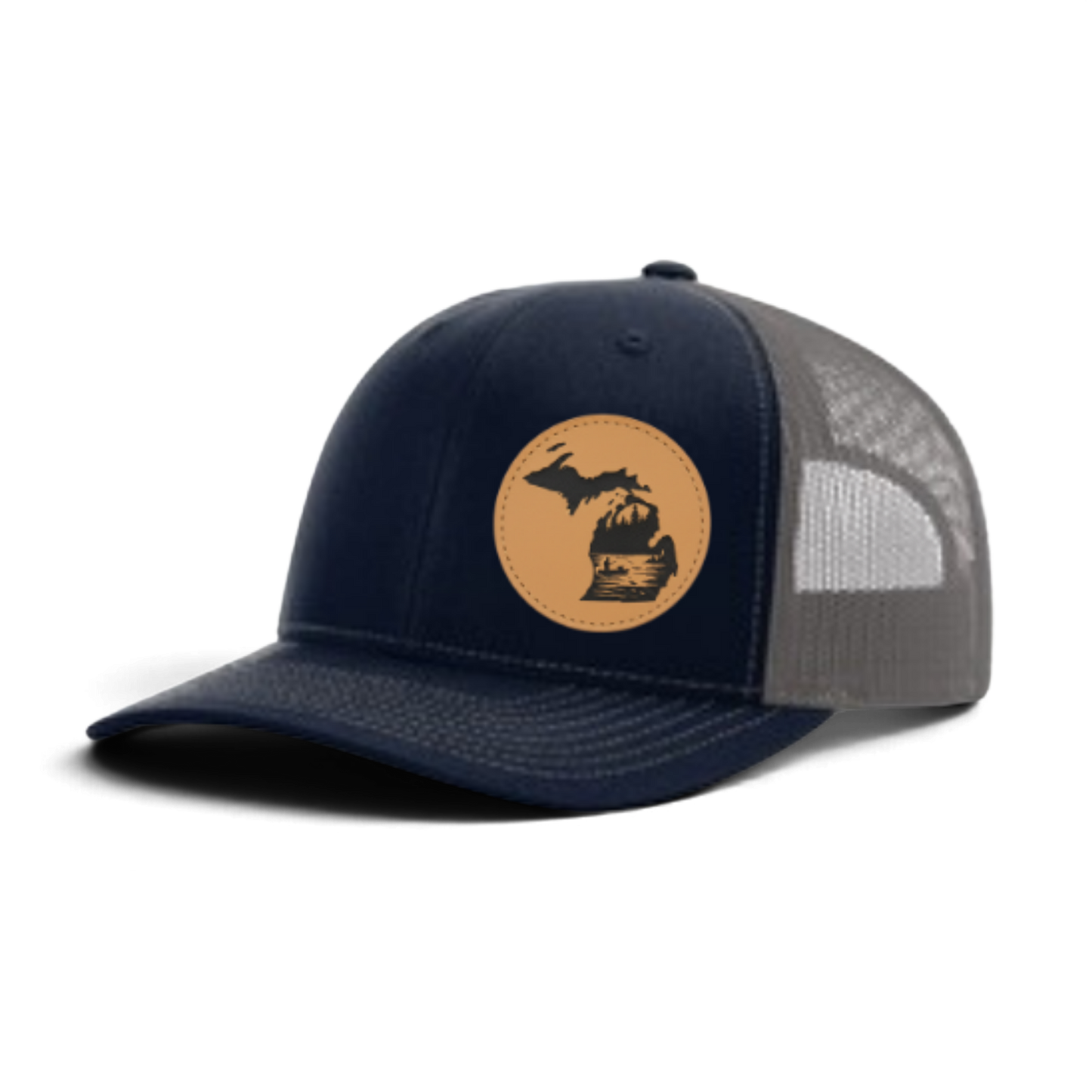 Navy trucker hat with circular fish patch; gray mesh side panels