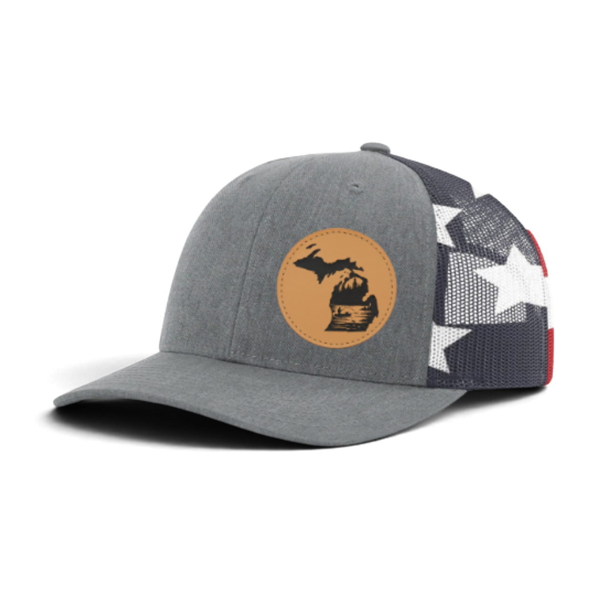 Gray trucker hat with circular fish patch; black mesh with white star print on side panel