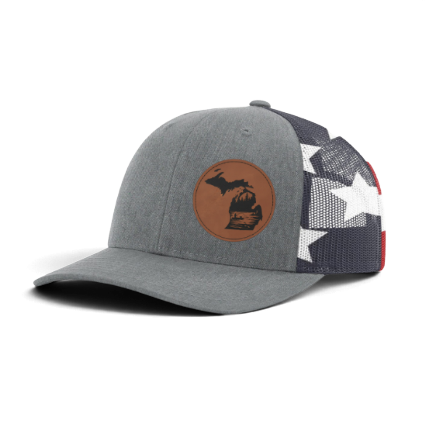 Gray trucker hat with circular fish patch; black mesh side panels with white star pattern