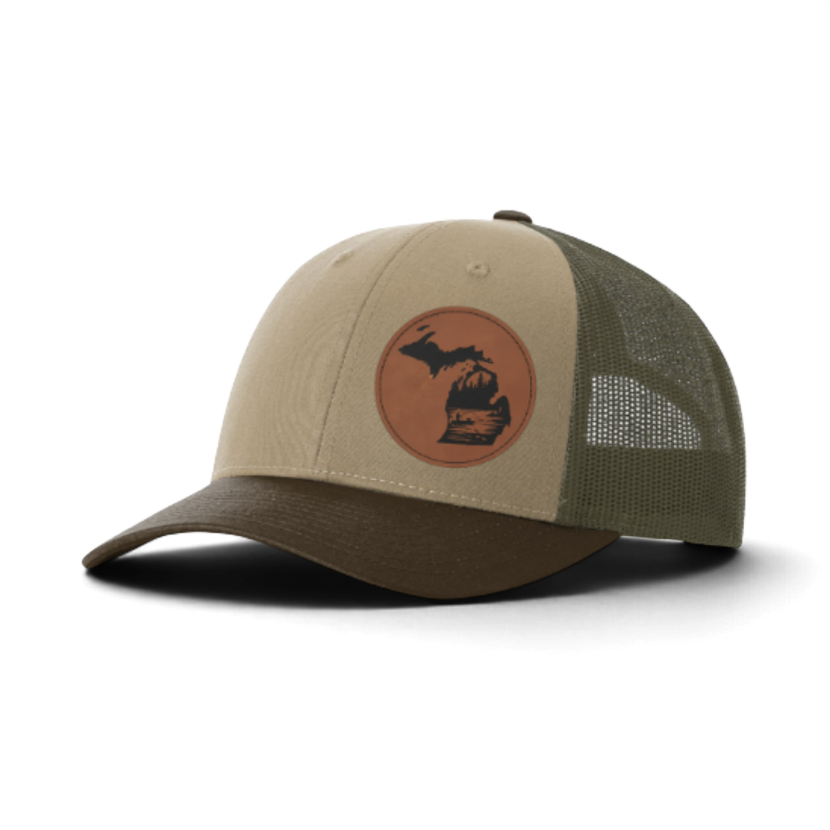 Beige trucker hat with circular fish patch; olive green mesh side panels