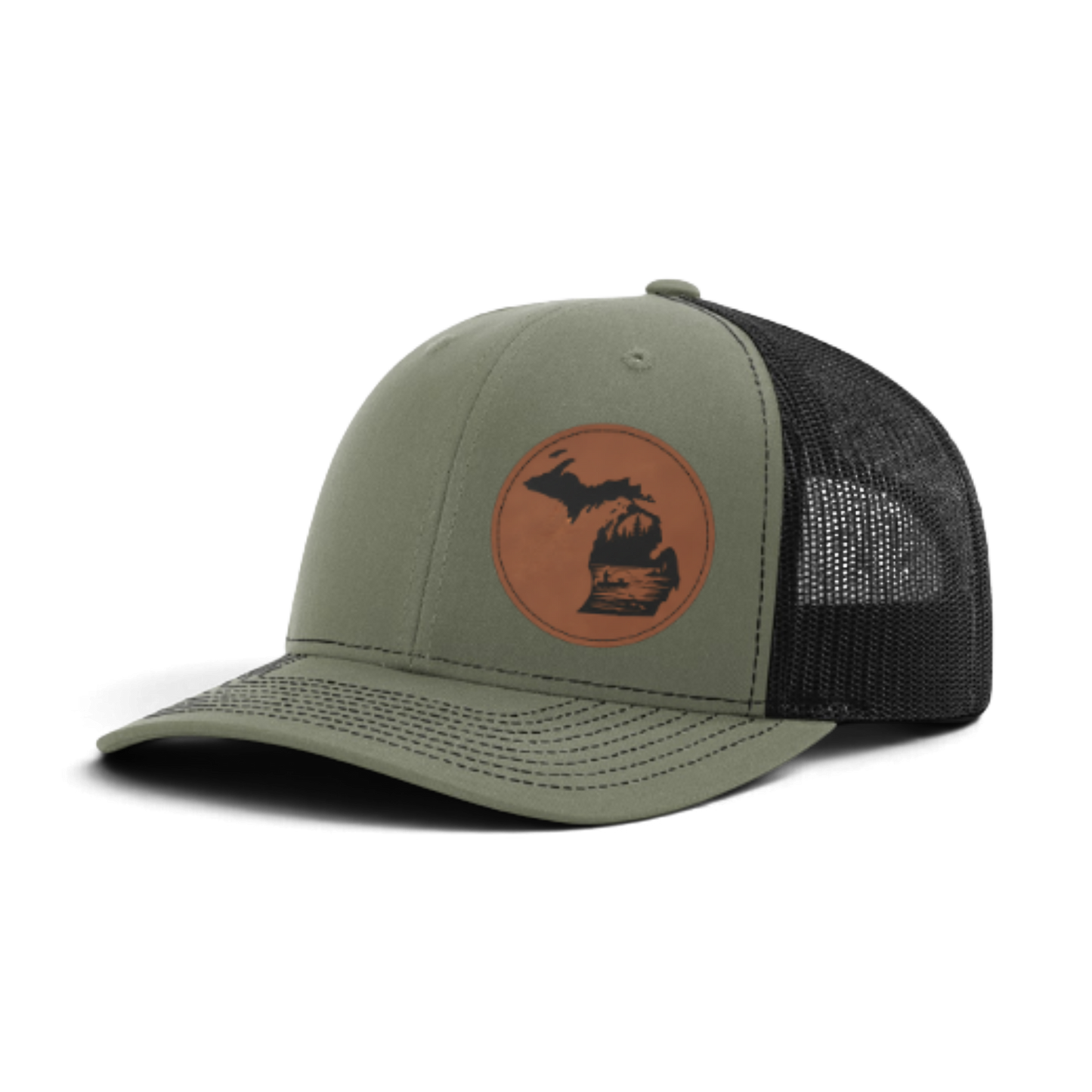 Sage green trucker hat with circular fish patch; dark mesh side panels
