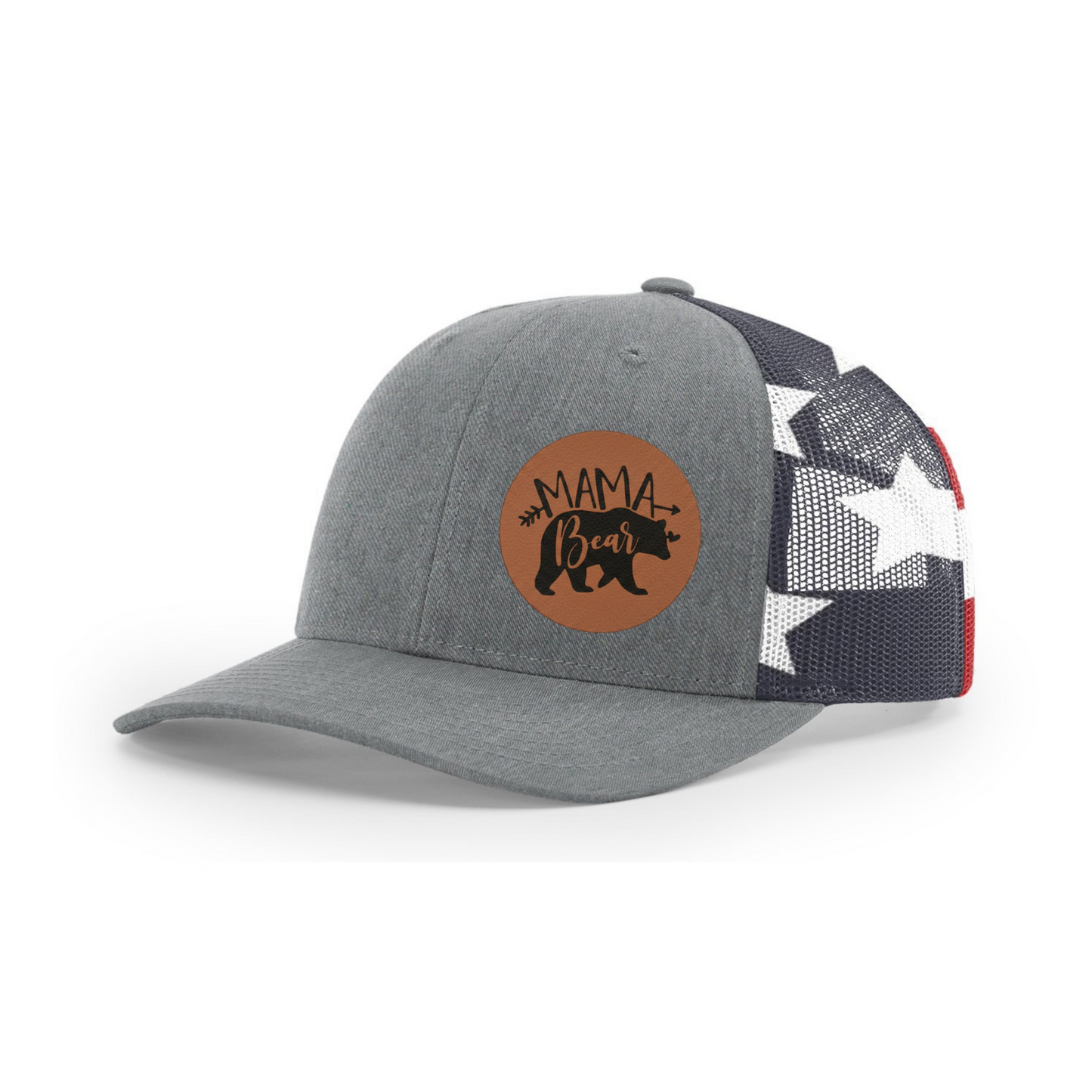 Gray trucker hat with tan Mama Bear patch and black/white patterned mesh back.