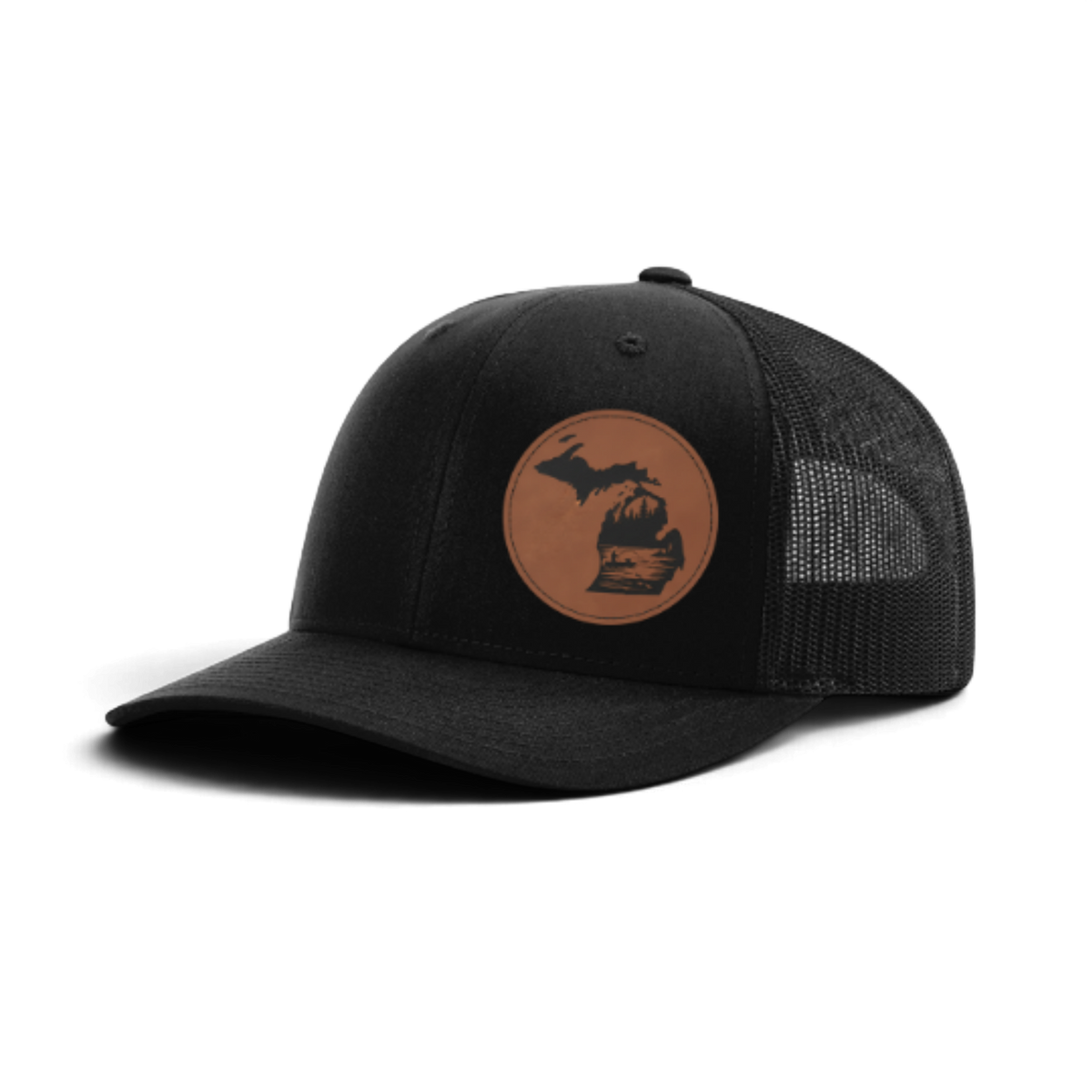 Black trucker hat with circular fish patch; black mesh side panels