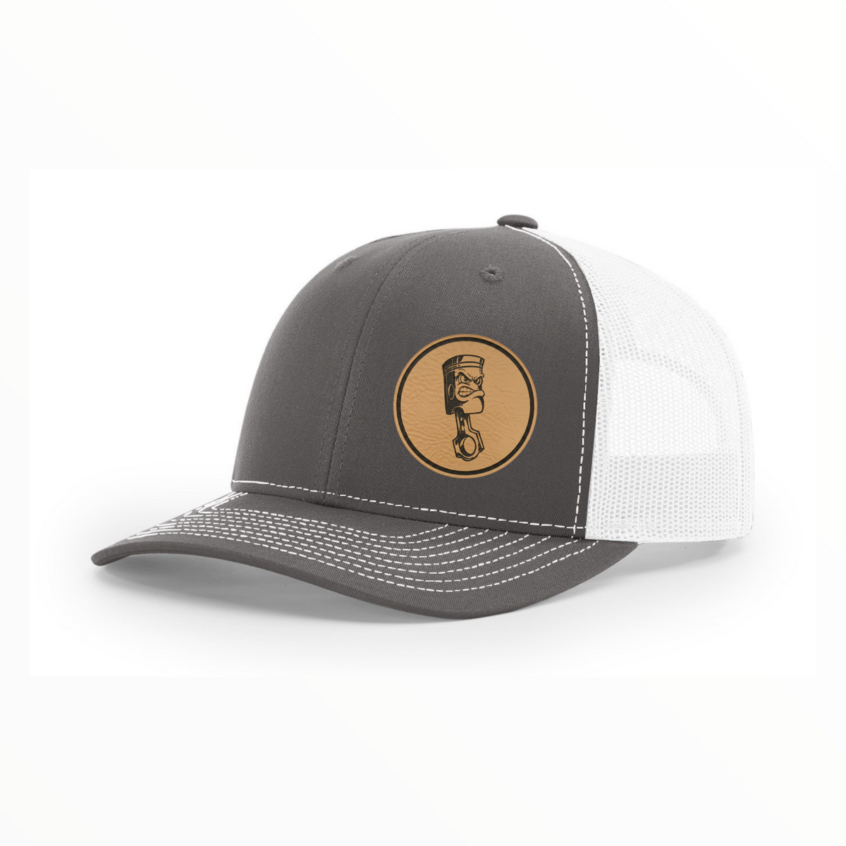 Trucker hat with angry piston patch, gray front with white mesh back panels.