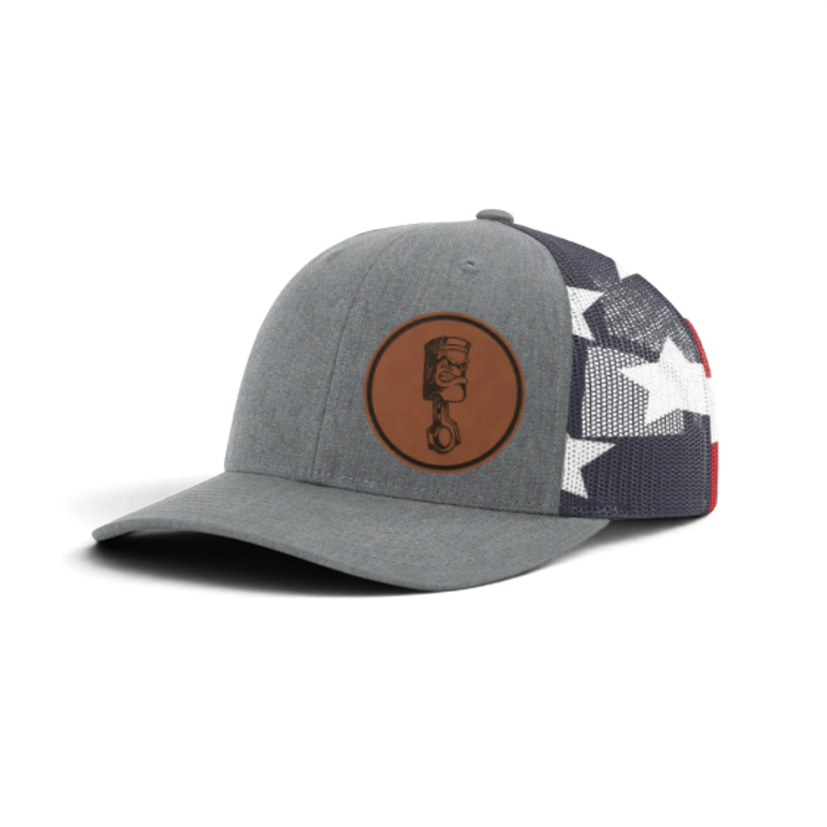 Gray trucker cap with circular piston patch and black mesh with star pattern