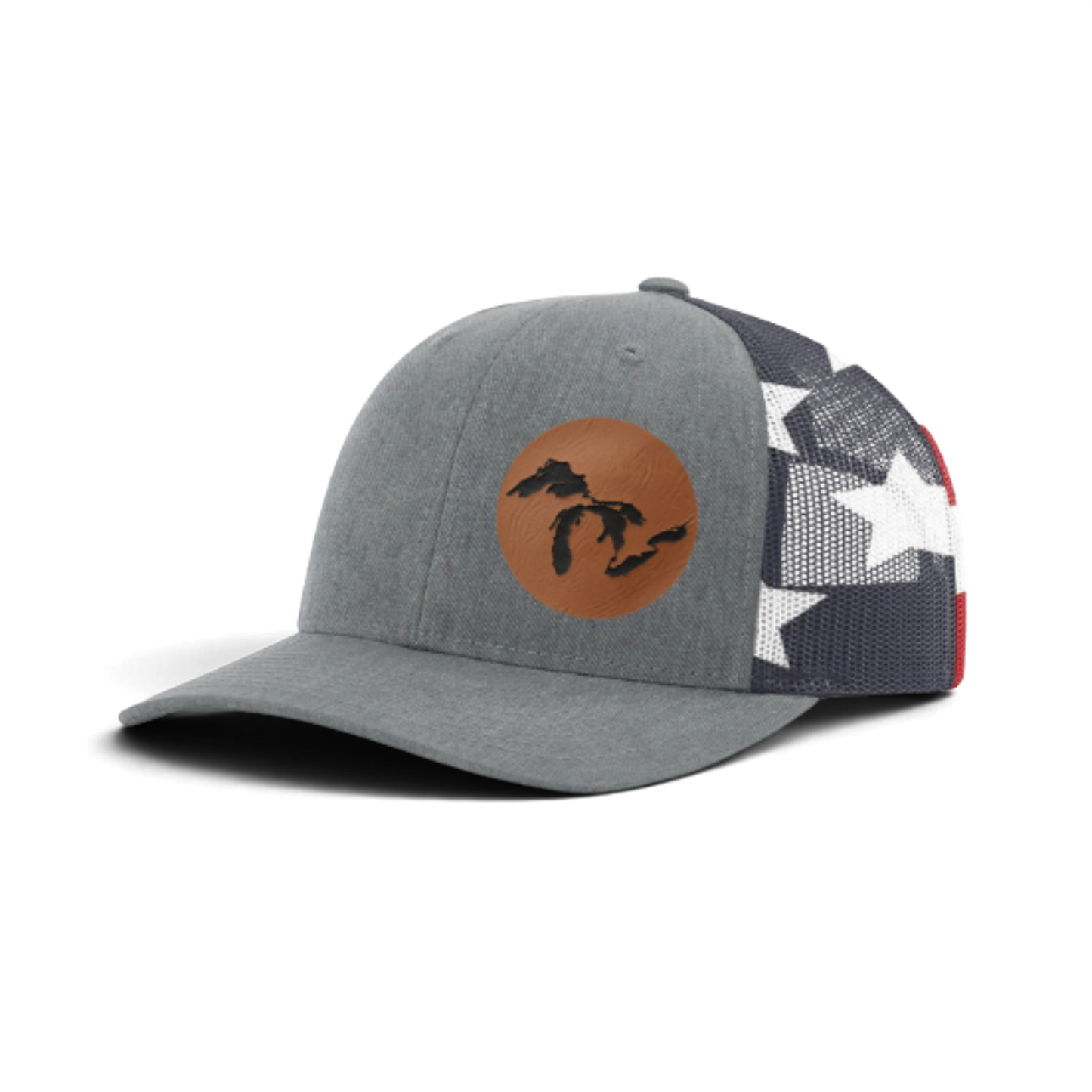 Heather gray trucker hat with tan patch and black silhouette; dark patterned mesh back