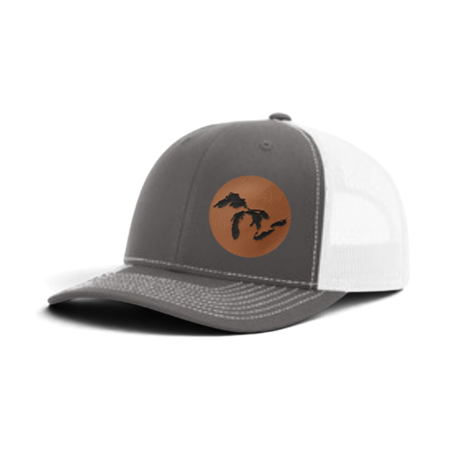 Gray and white trucker hat with tan patch and black silhouette; white mesh back panel