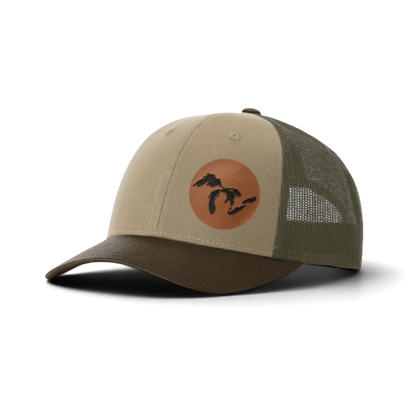 Light tan trucker cap with circular Michigan silhouette patch and mesh back