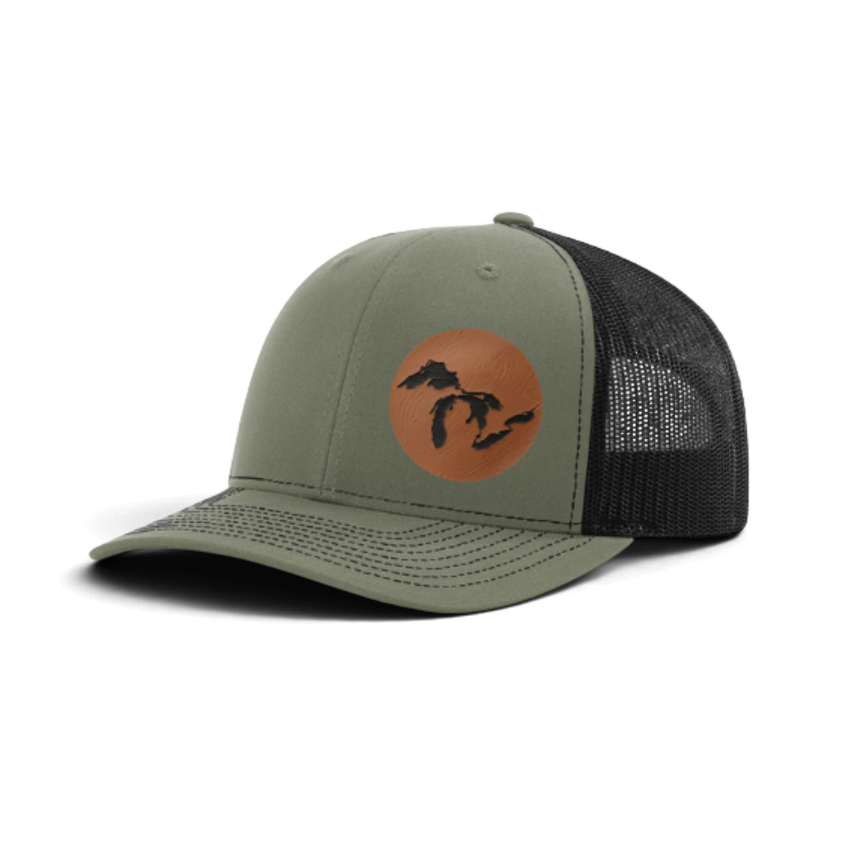 Olive green trucker hat with burnt orange tan patch and black silhouette; dark gray mesh