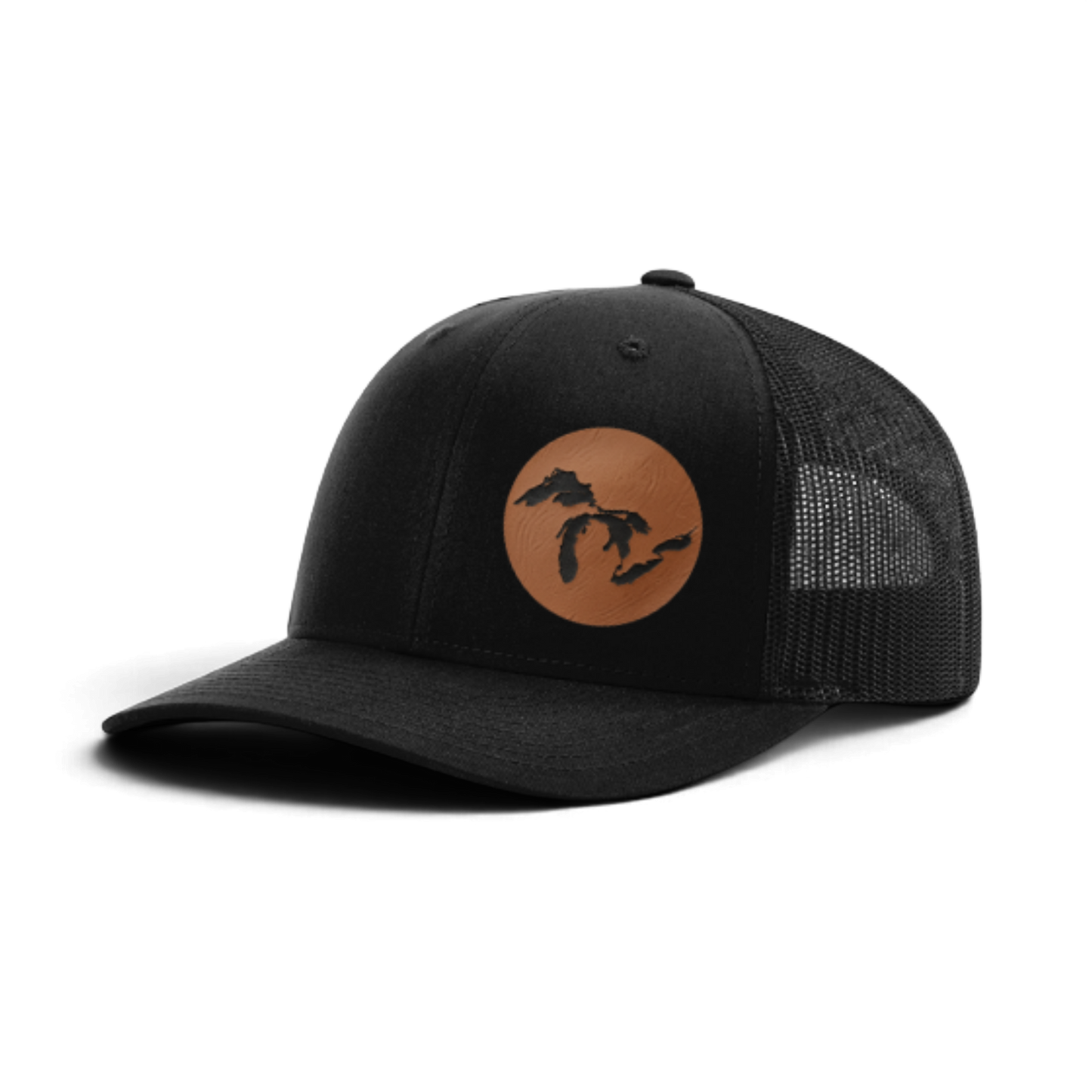 Black trucker cap with round Michigan silhouette patch on front and mesh back