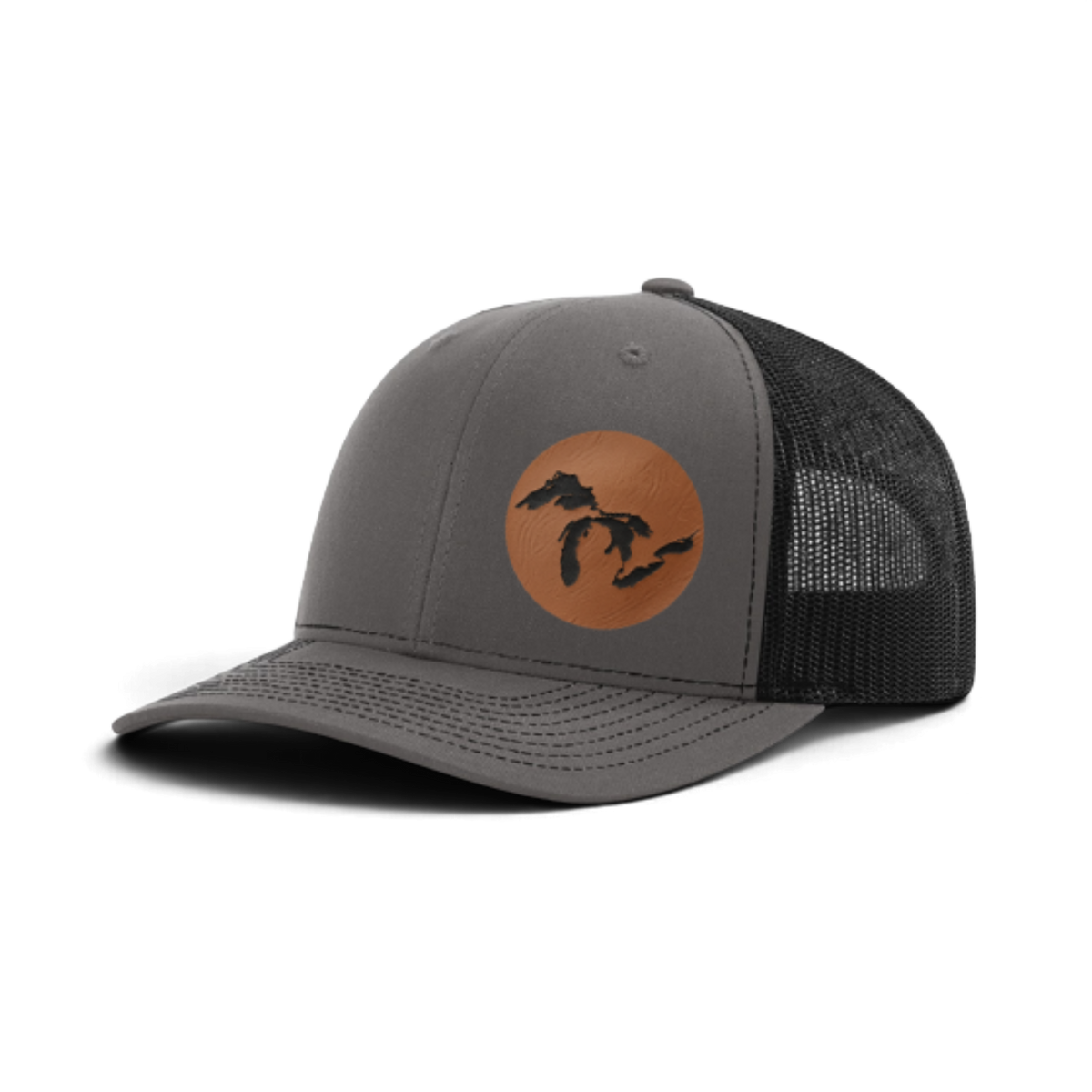 Heather gray trucker hat with tan patch and black silhouette; dark gray mesh back