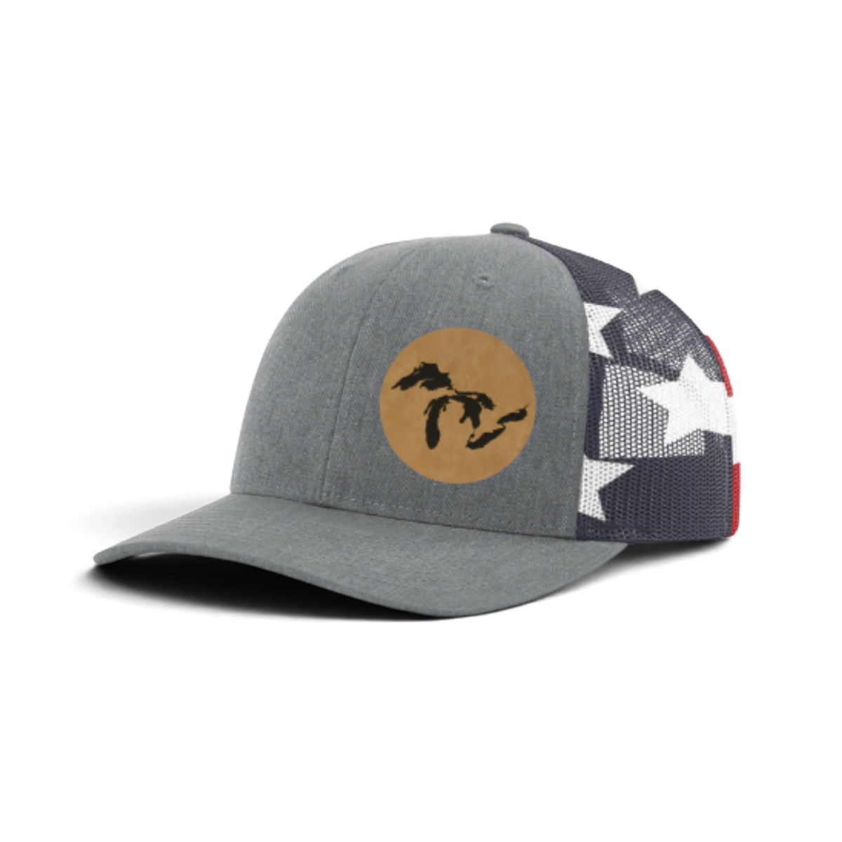 Heather gray trucker hat with tan patch and black silhouette; dark patterned mesh back