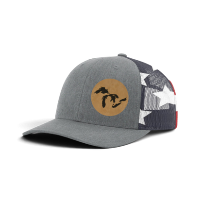 Heather gray trucker hat with tan patch and black silhouette; dark patterned mesh back