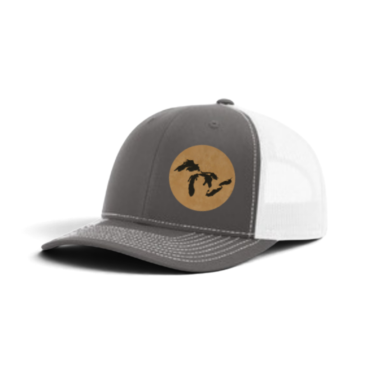Gray and white trucker hat with tan patch and black silhouette; white mesh side panels