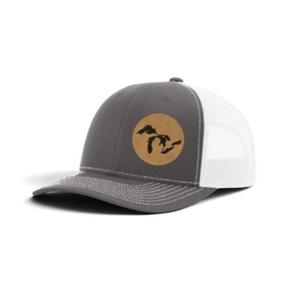 Gray and white trucker hat with tan patch and black silhouette; white mesh side panels