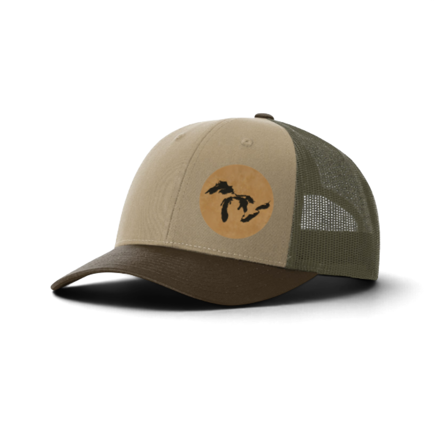 Khaki trucker hat with circular Michigan silhouette patch and mesh back