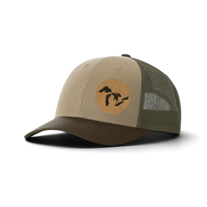 Khaki trucker hat with circular Michigan silhouette patch and mesh back
