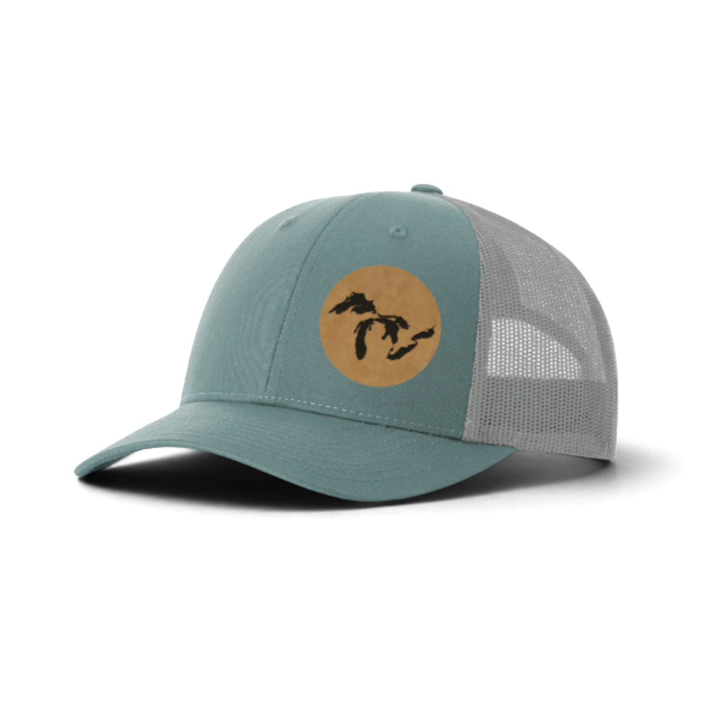 Teal trucker hat with circular Michigan silhouette patch and mesh side panels