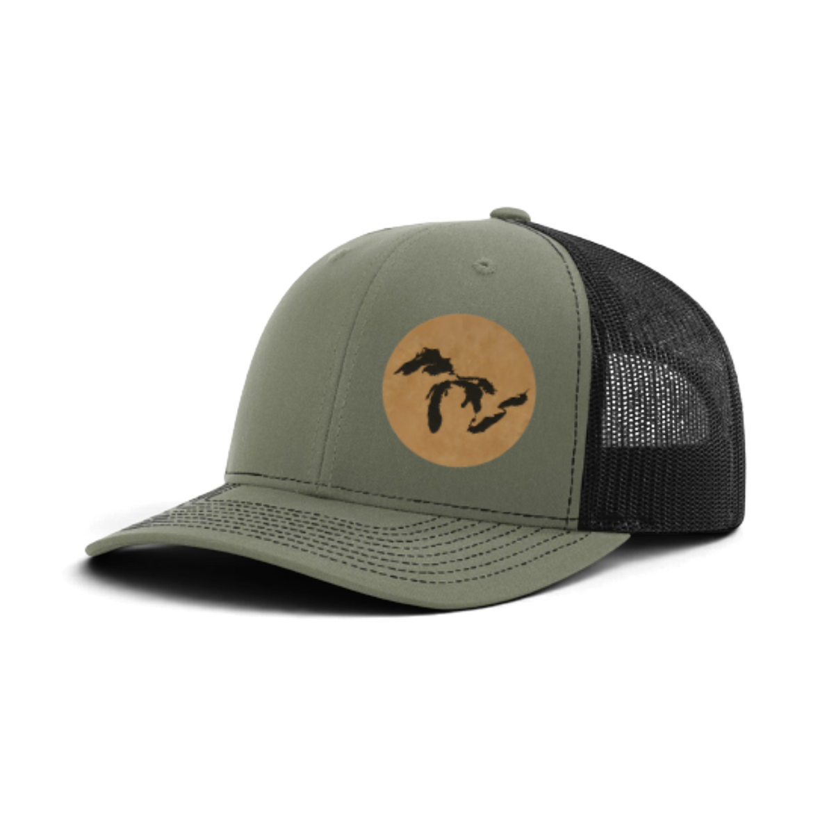 Olive green trucker hat with tan patch and black silhouette; dark gray mesh back