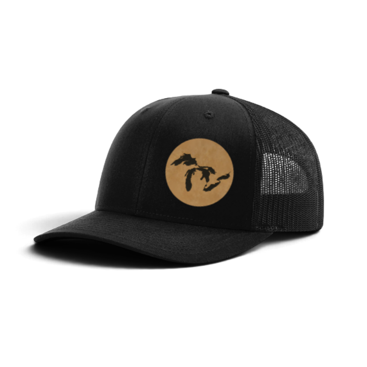 Black trucker hat with circular Michigan silhouette patch and mesh side panels
