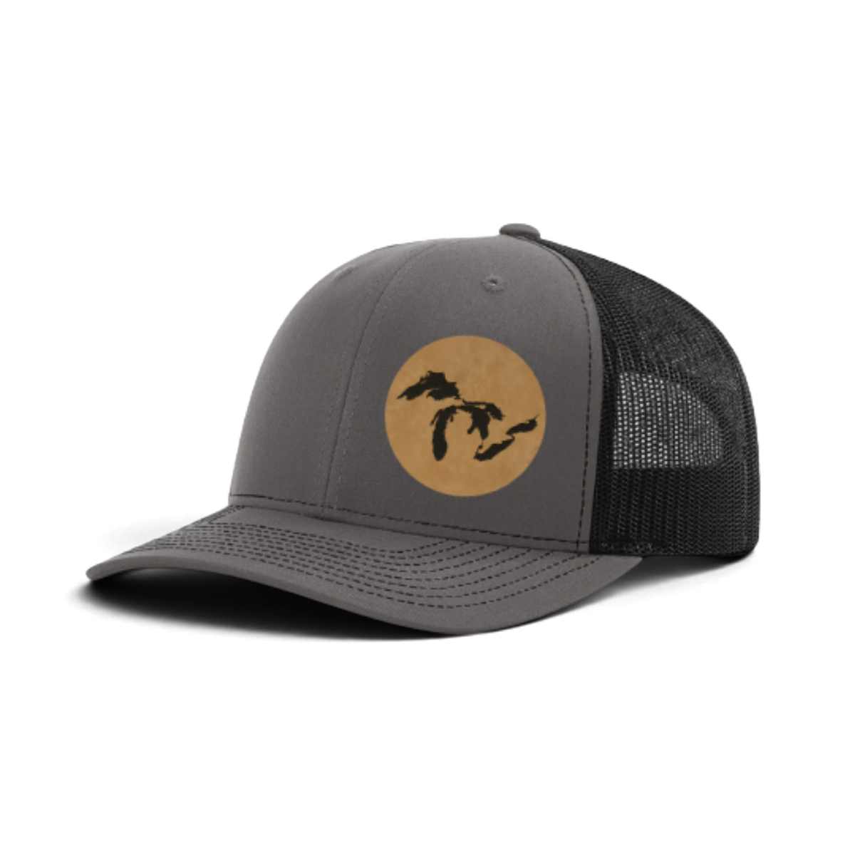 Heather gray trucker hat with tan patch and black silhouette; dark gray mesh back