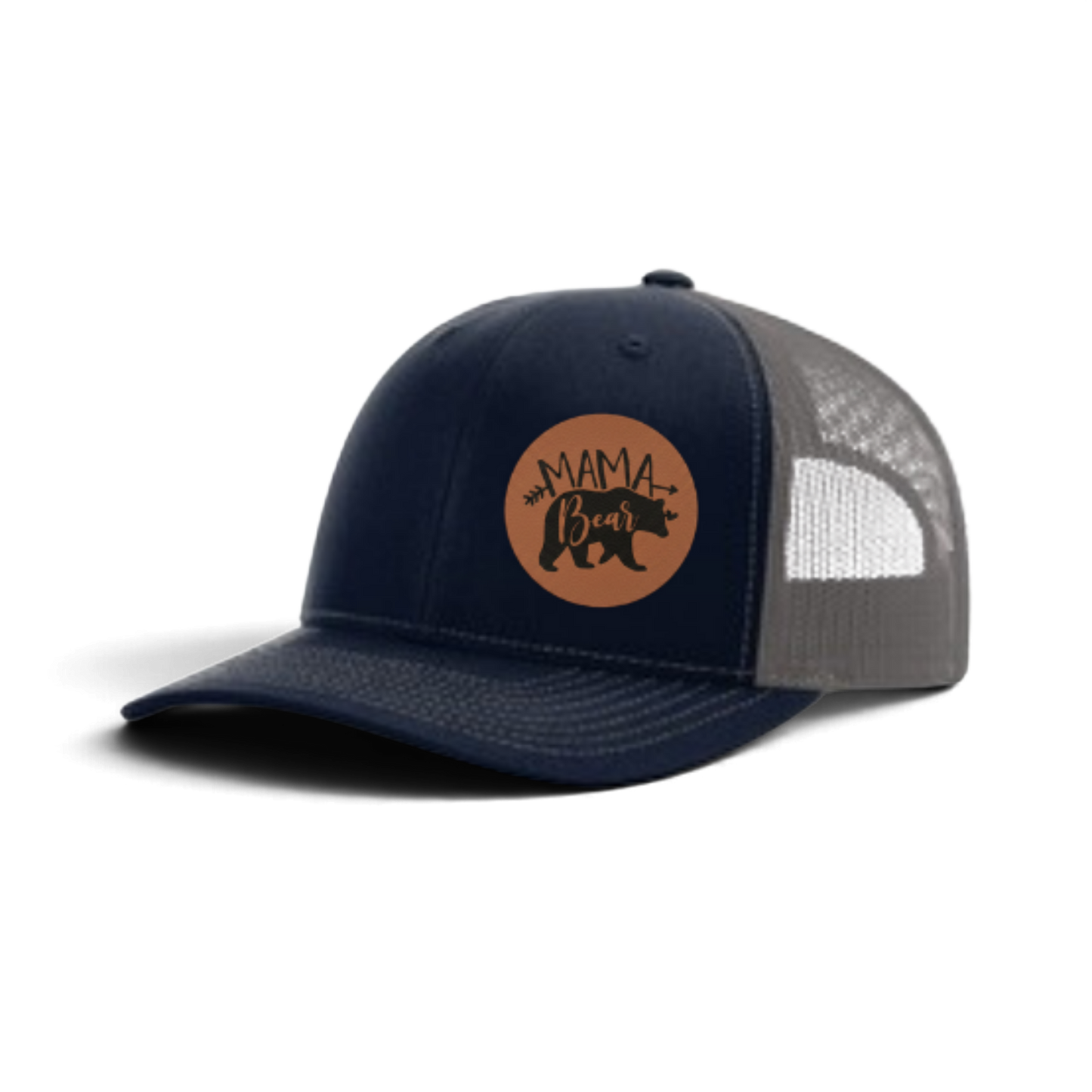 Navy trucker hat with gray mesh and brown “MAMA Bear” patch.