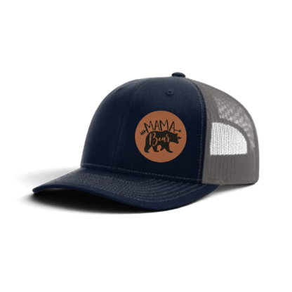 Navy trucker hat with gray mesh and brown “MAMA Bear” patch.