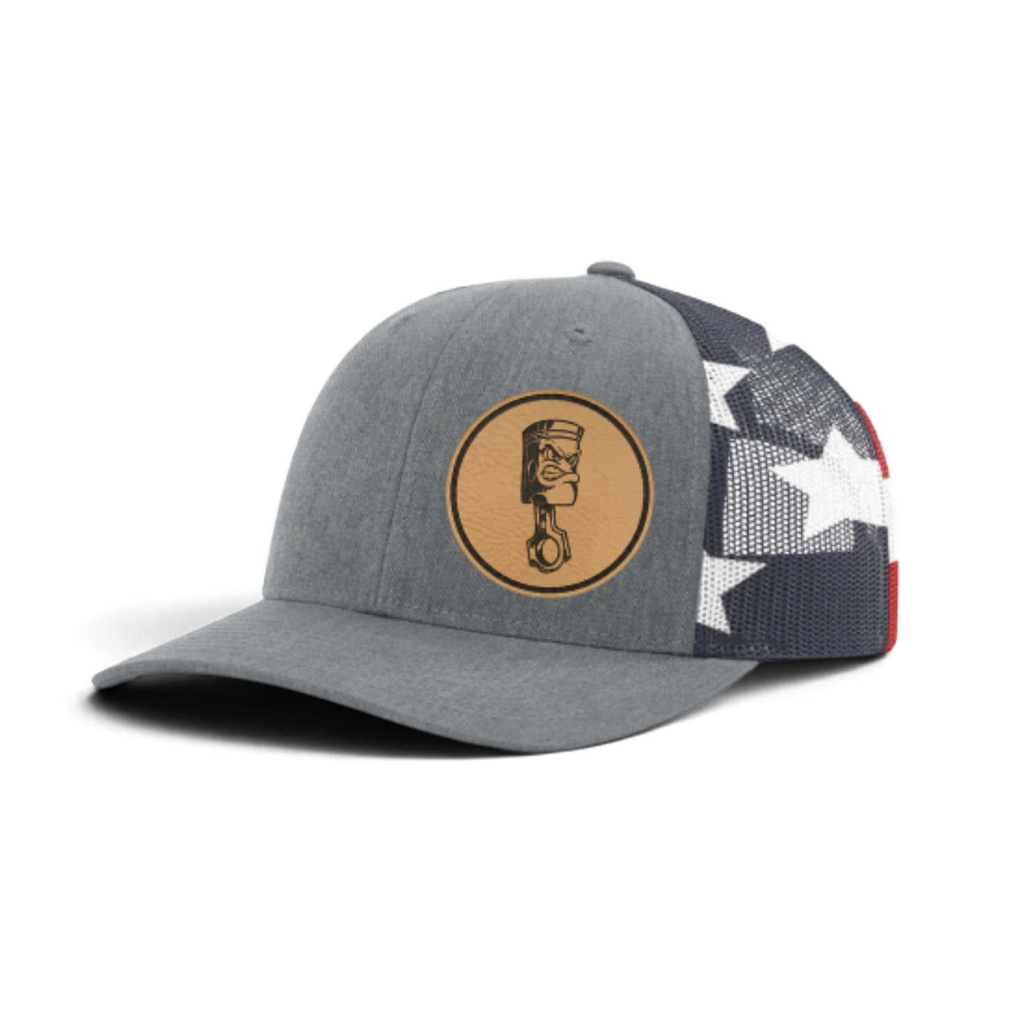 Gray trucker cap with circular piston patch and black/white star-pattern mesh