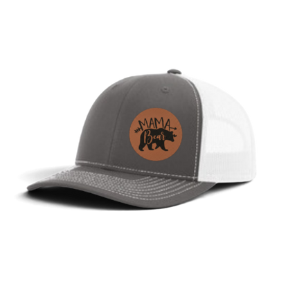 Gray trucker hat with white mesh and brown “MAMA Bear” patch.