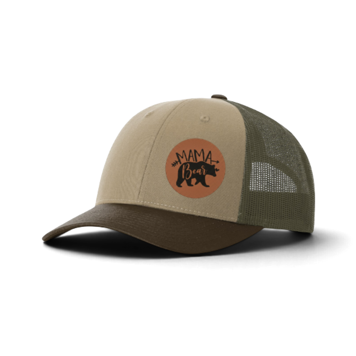 Tan trucker hat with dark green mesh and brown “MAMA Bear” patch.