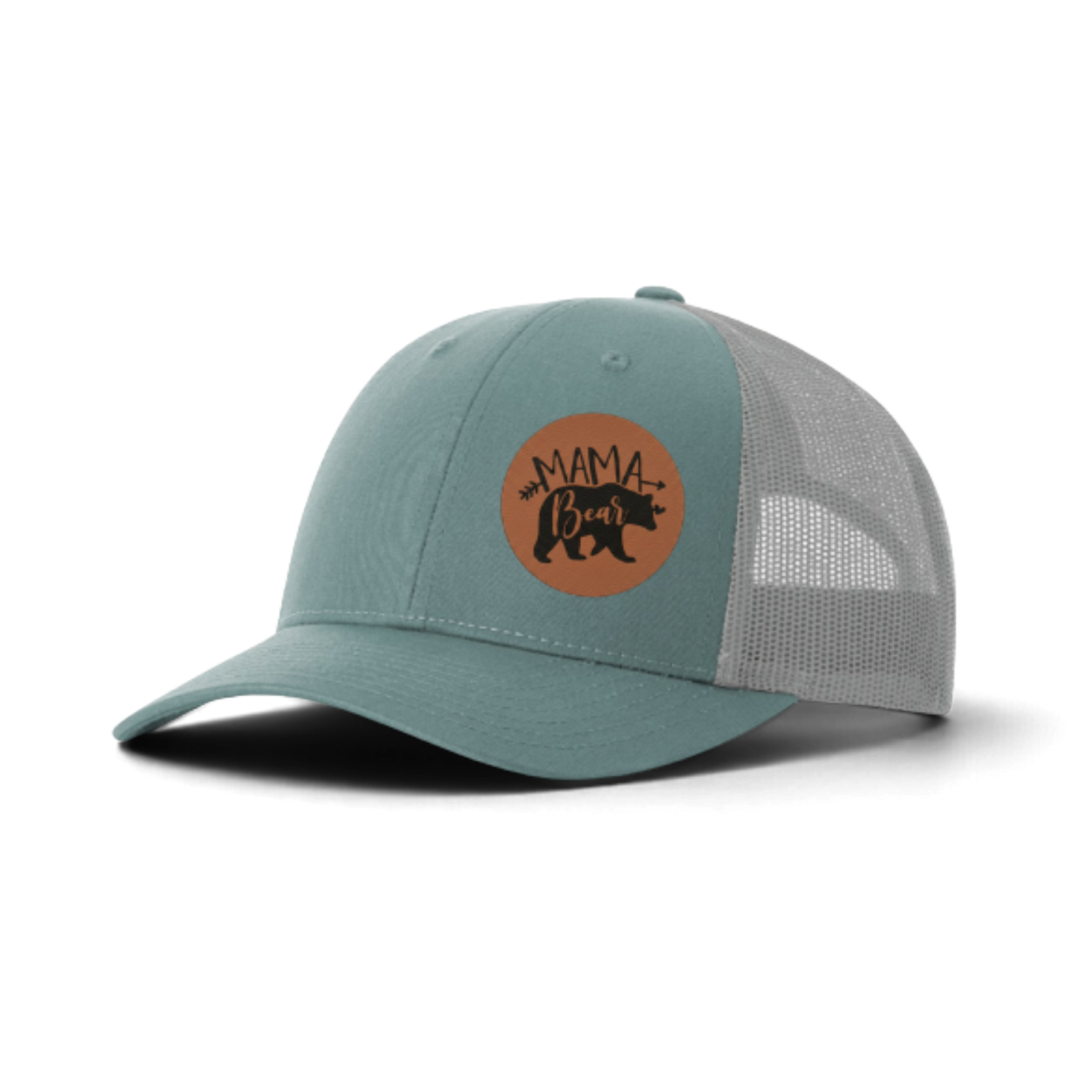 Teal trucker hat with white mesh and brown “MAMA Bear” patch.