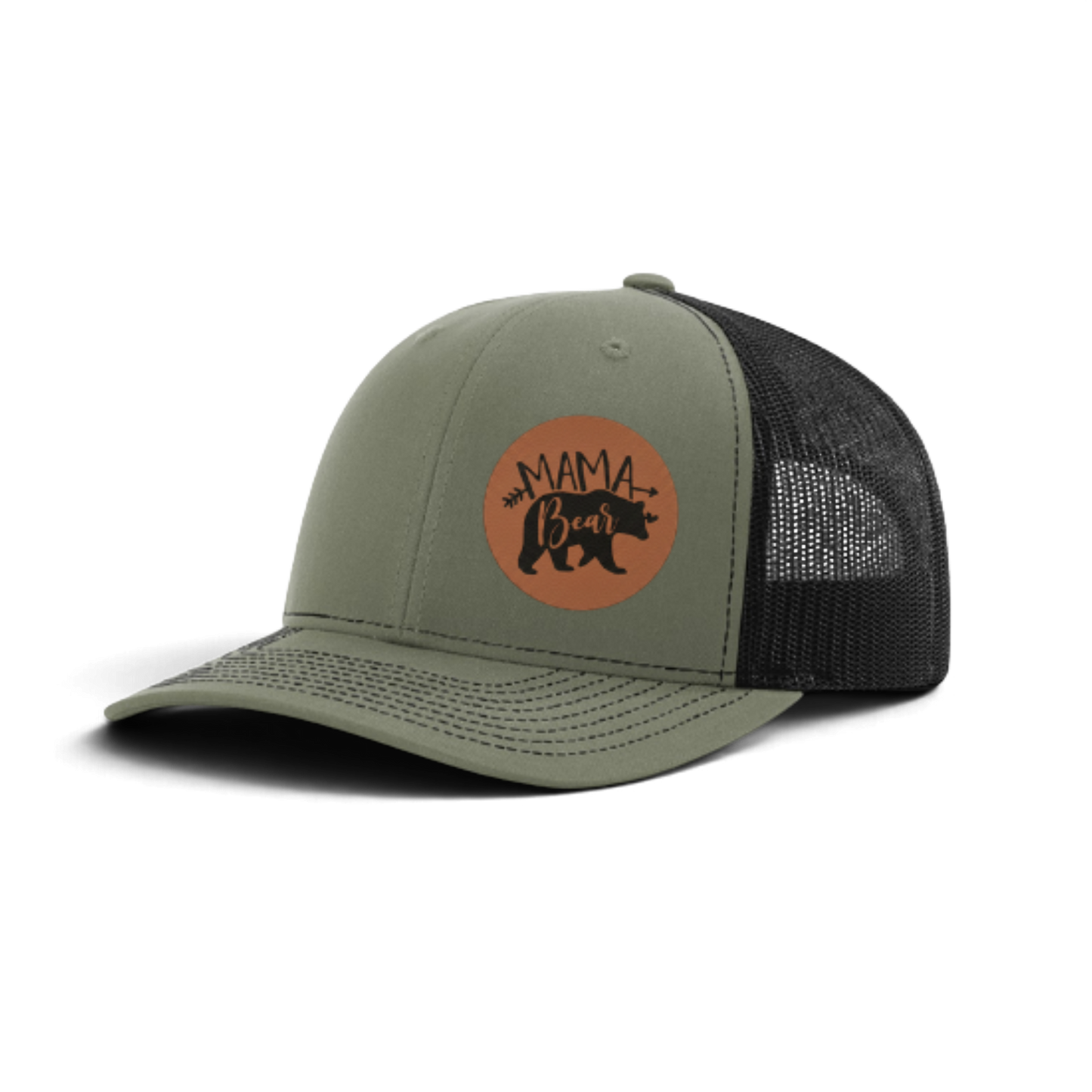 Olive green trucker hat with dark mesh and brown “MAMA Bear” patch.