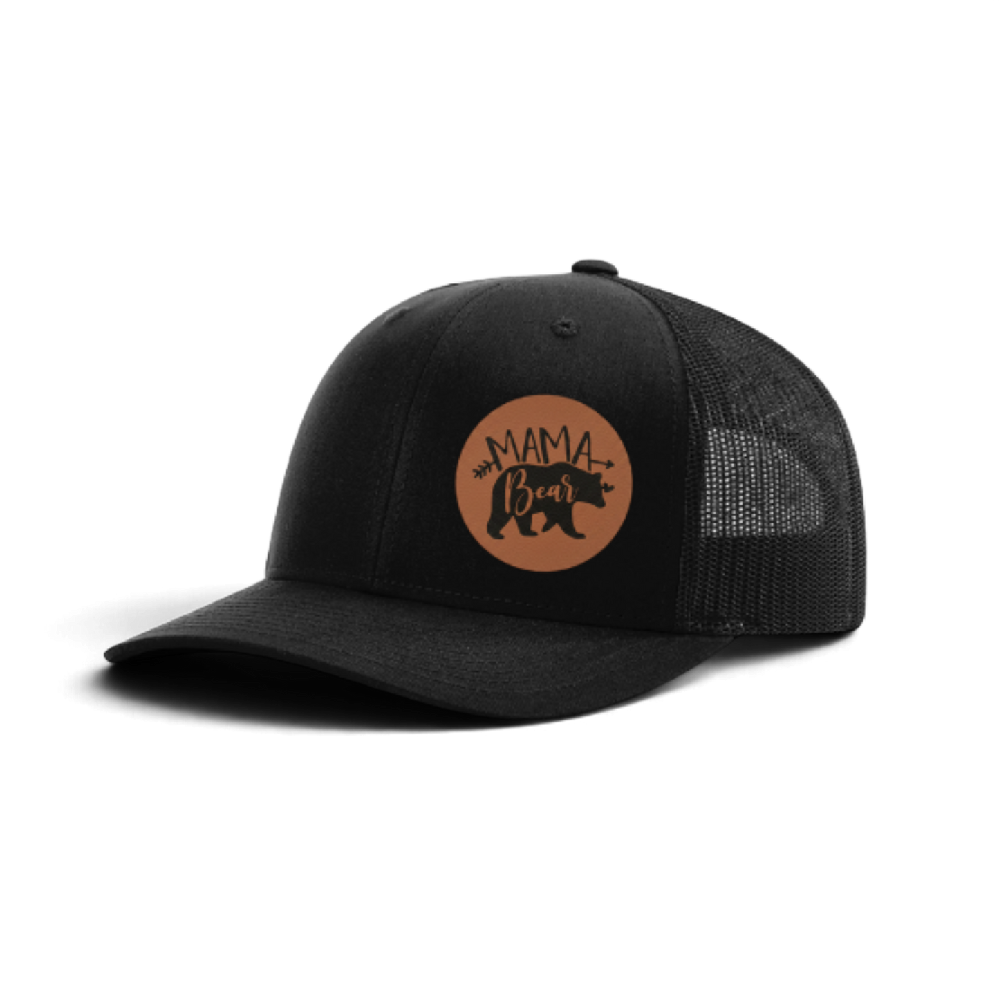 Black trucker hat with black mesh and brown “MAMA Bear” patch.