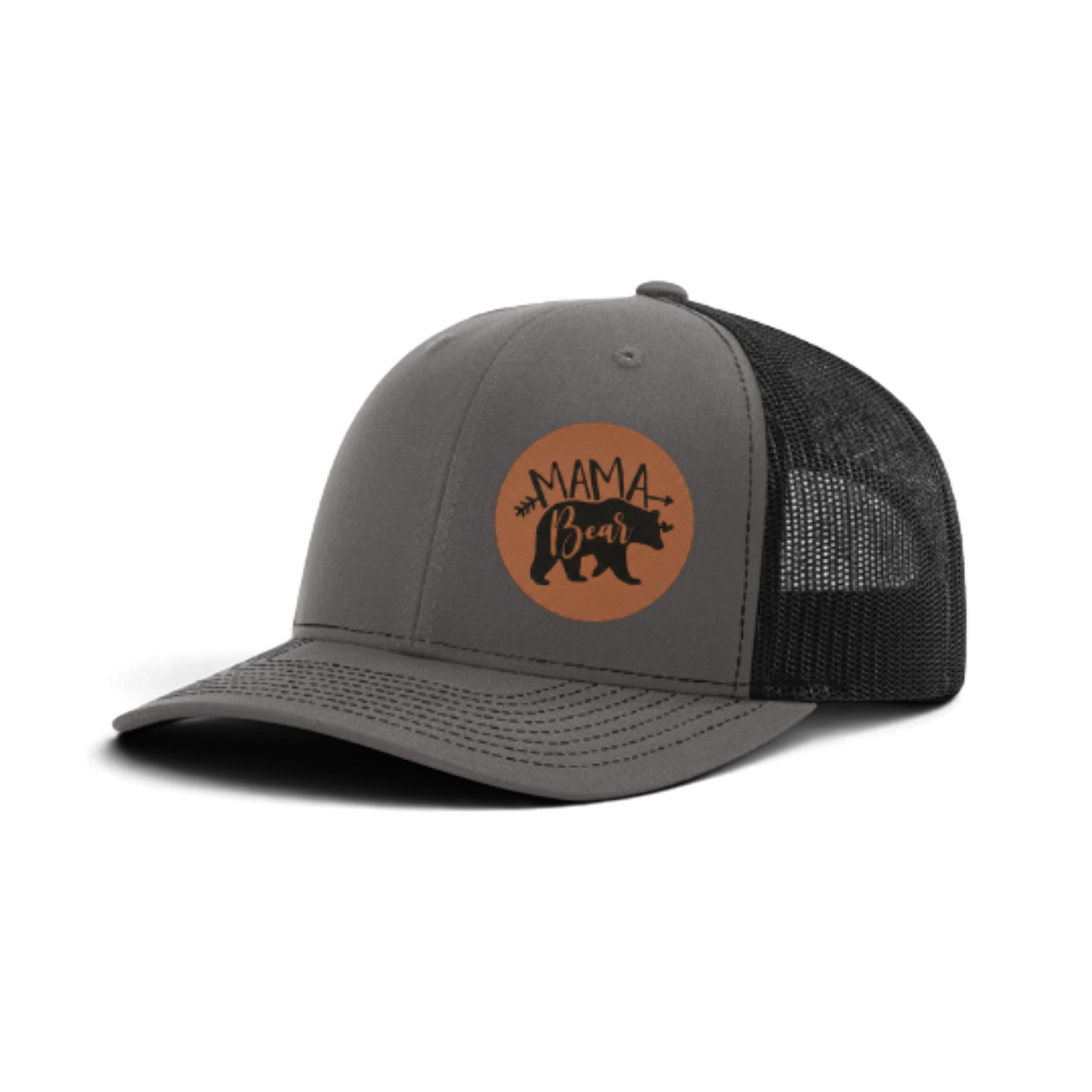 Gray trucker hat with dark mesh and brown “MAMA Bear” patch.