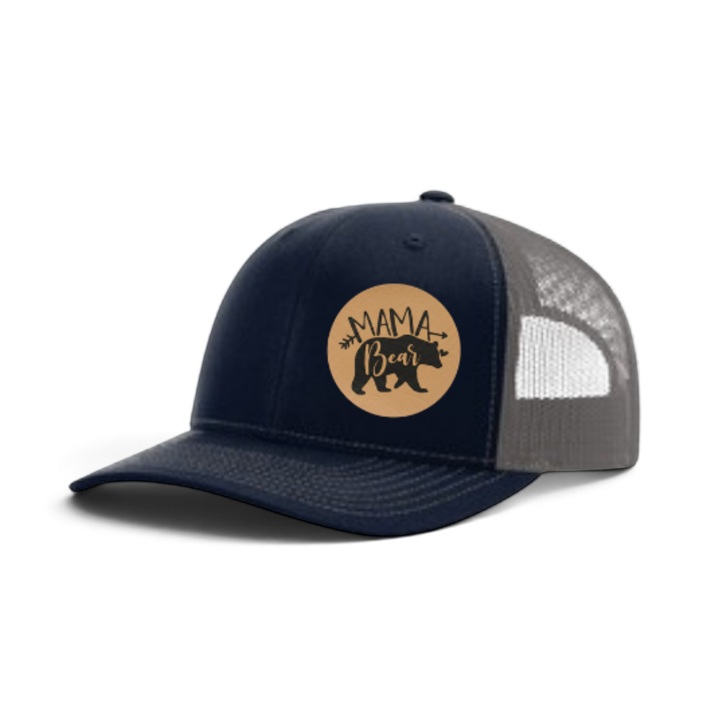 Navy trucker hat with tan Mama Bear patch and gray mesh back.