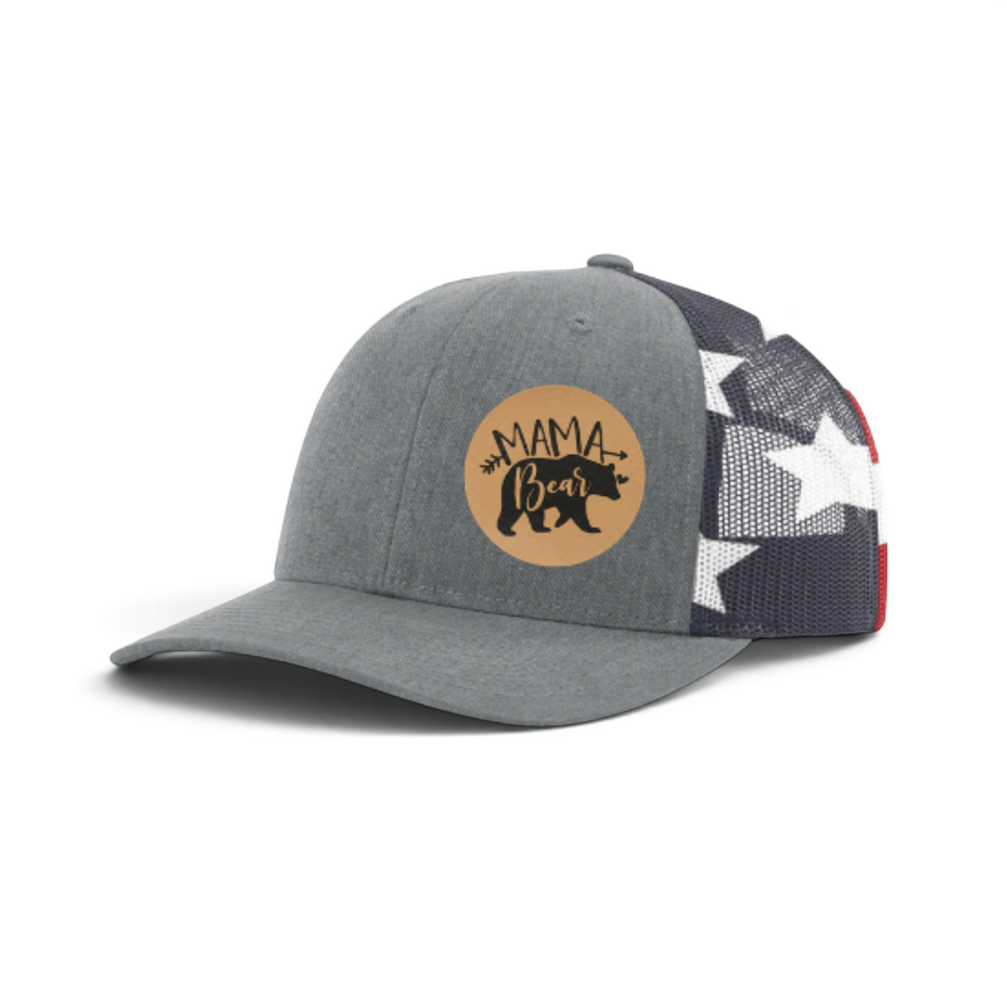 Gray trucker hat with tan Mama Bear patch and black/white patterned mesh back.