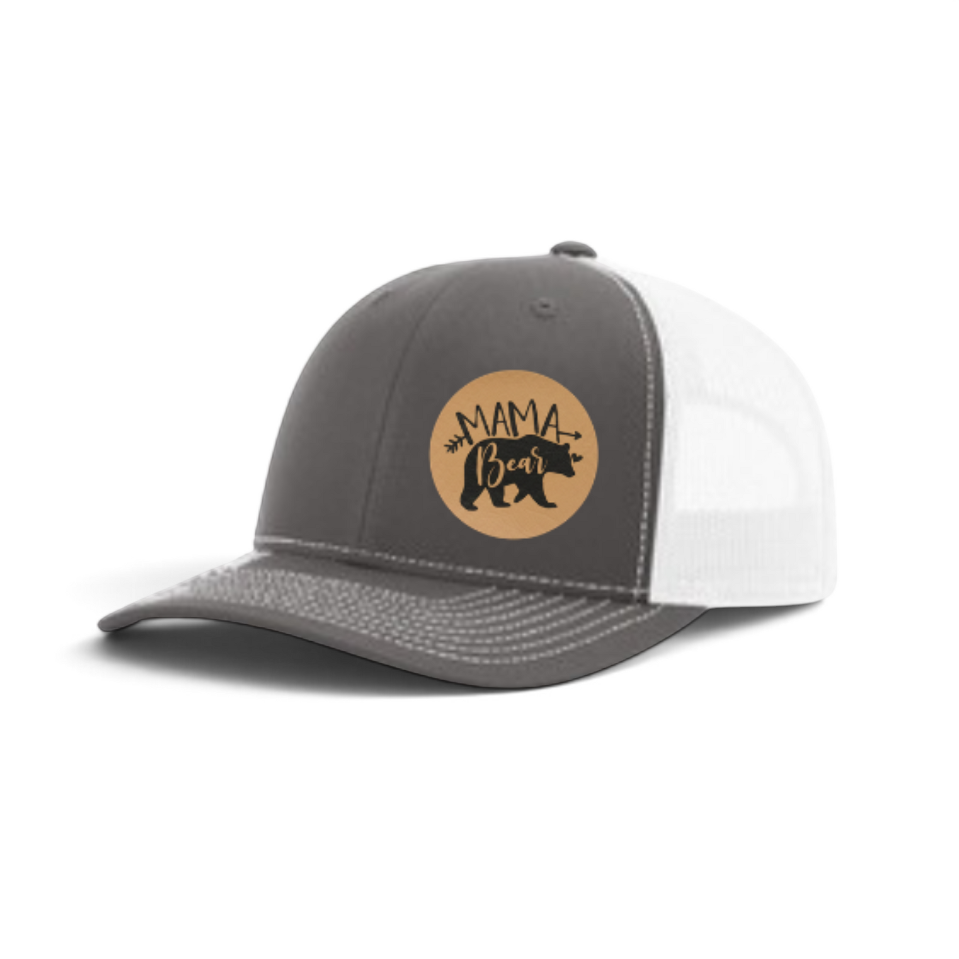Gray and white trucker hat with tan Mama Bear patch and mesh side panels.