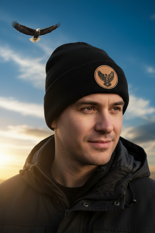 American Flag Eagle leatherette patch beanie worn by model outdoors with patriotic eagle and flag backdrop – Keeko Designs