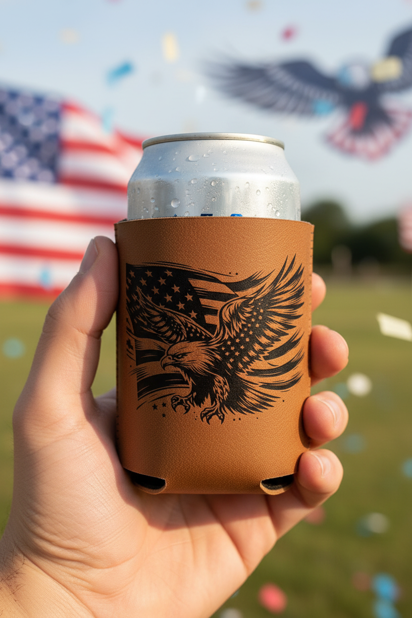 Brown leatherette can cooler with black eagle and stars graphic, holding a can