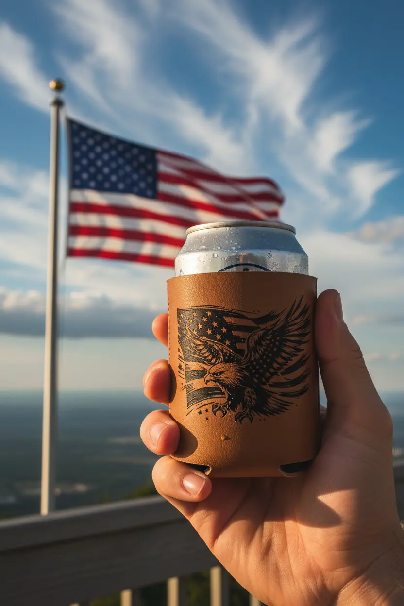 Brown leatherette can cooler with black eagle and stars graphic, held outdoors